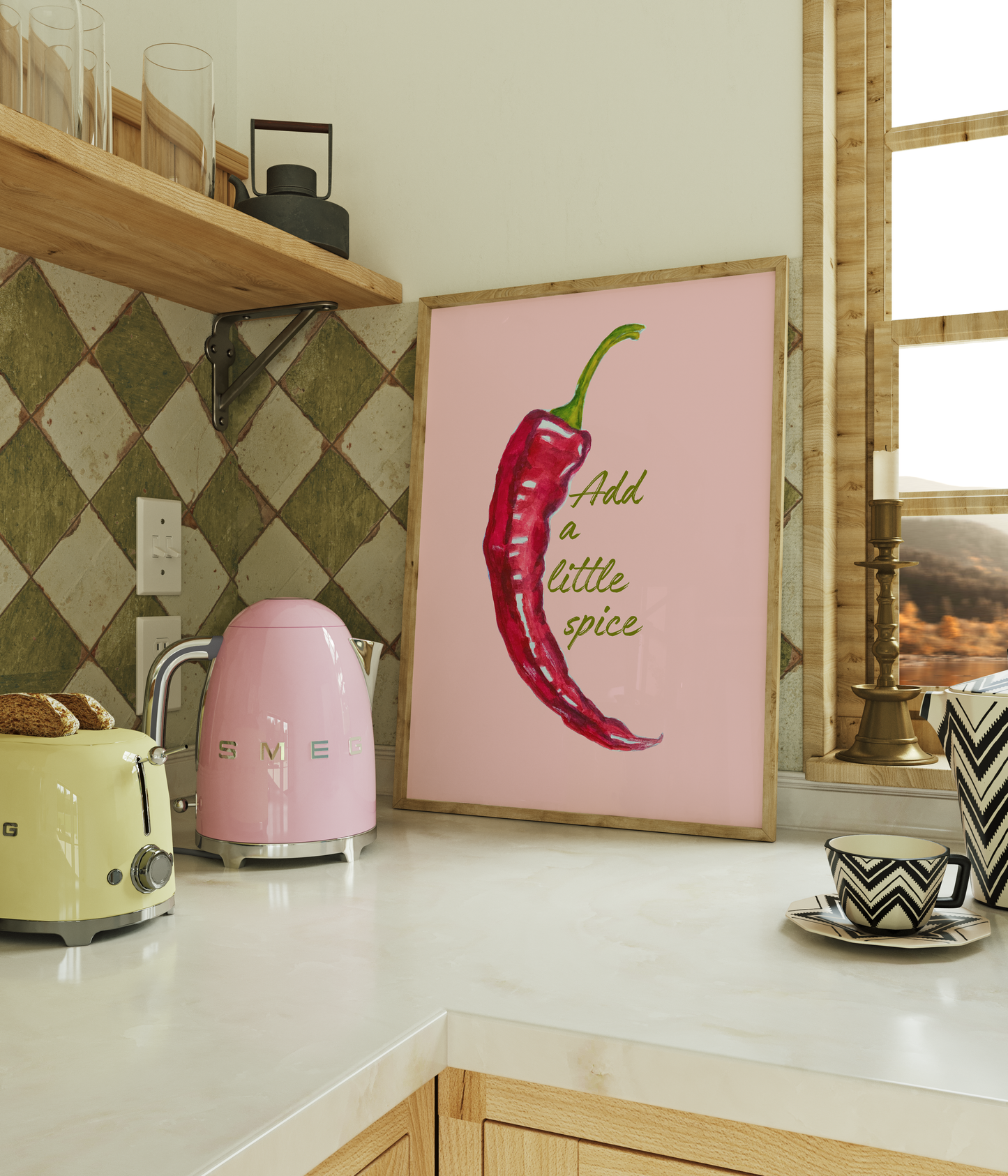 red chilli pepper art in green kitchen