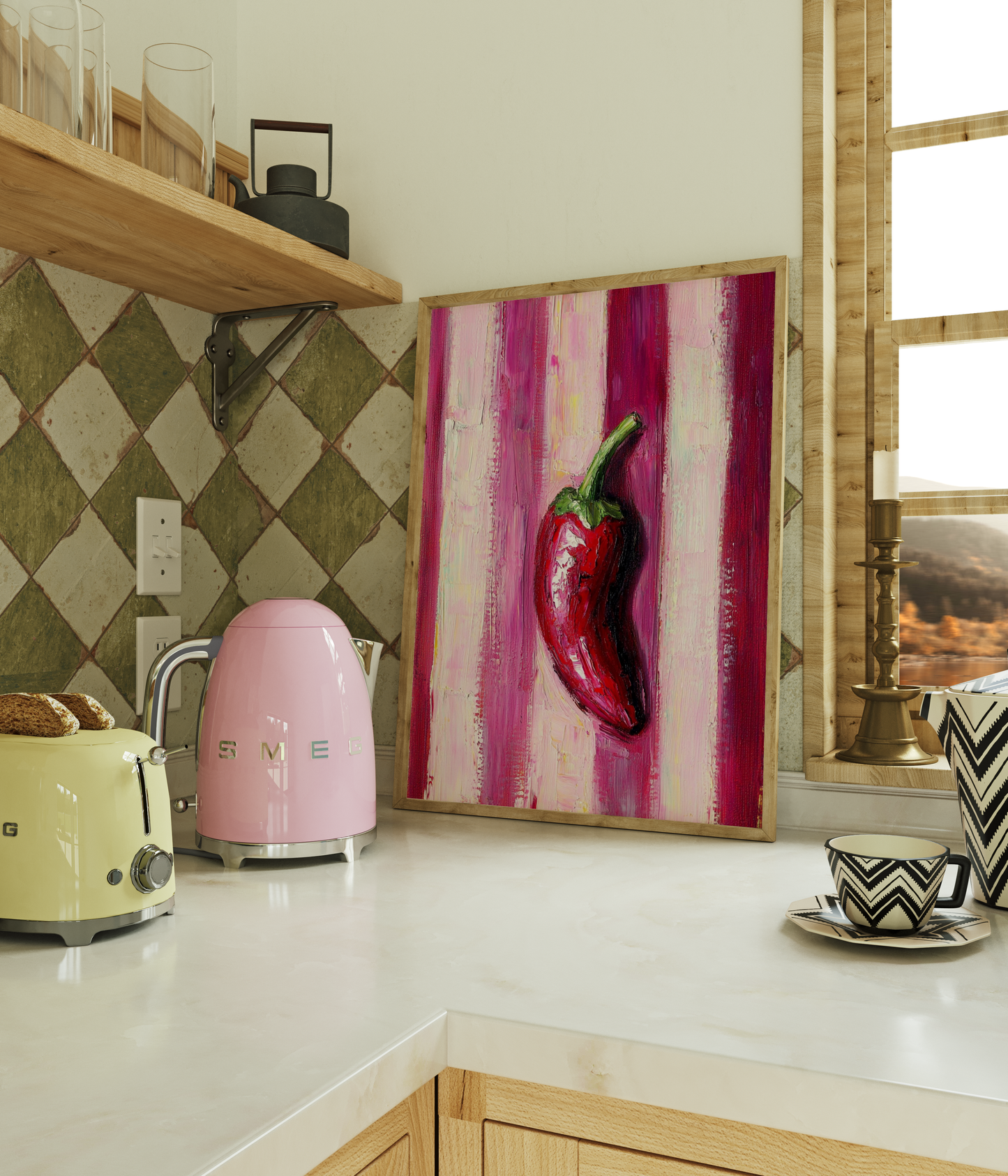 Red Chilli Pepper On Stripes Print - Gina Ellen Wall Art