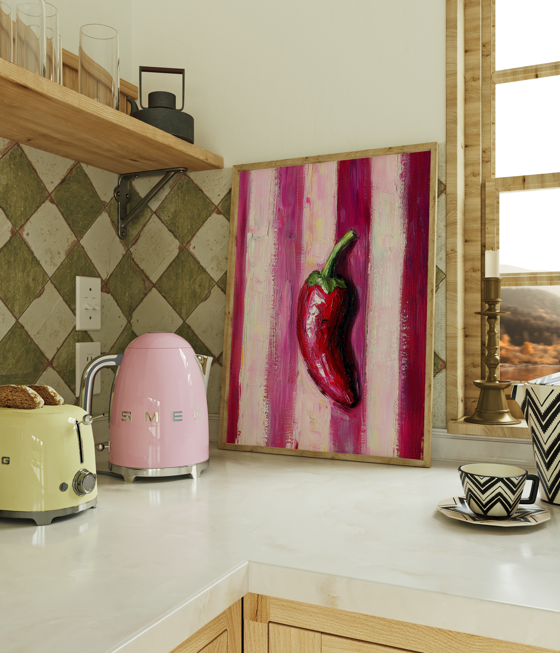 Red Chilli Pepper On Stripes Print - Gina Ellen Wall Art