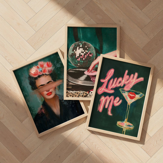 Dark Greens Disco Prints Trio